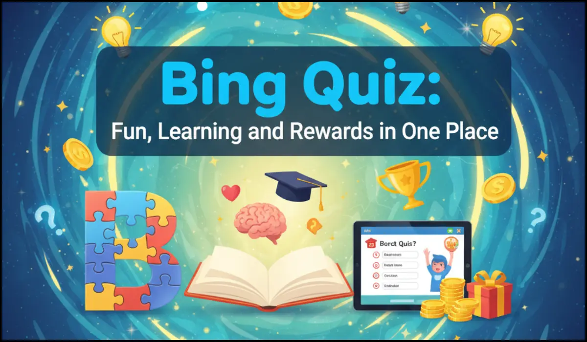 Cosmic graphic for "Bing Quiz." Shows puzzle 'B', book, brain, cap, trophy, and tablet. Surrounded by question marks, lightbulbs, coins, and a gift—symbolizing learning and rewards.