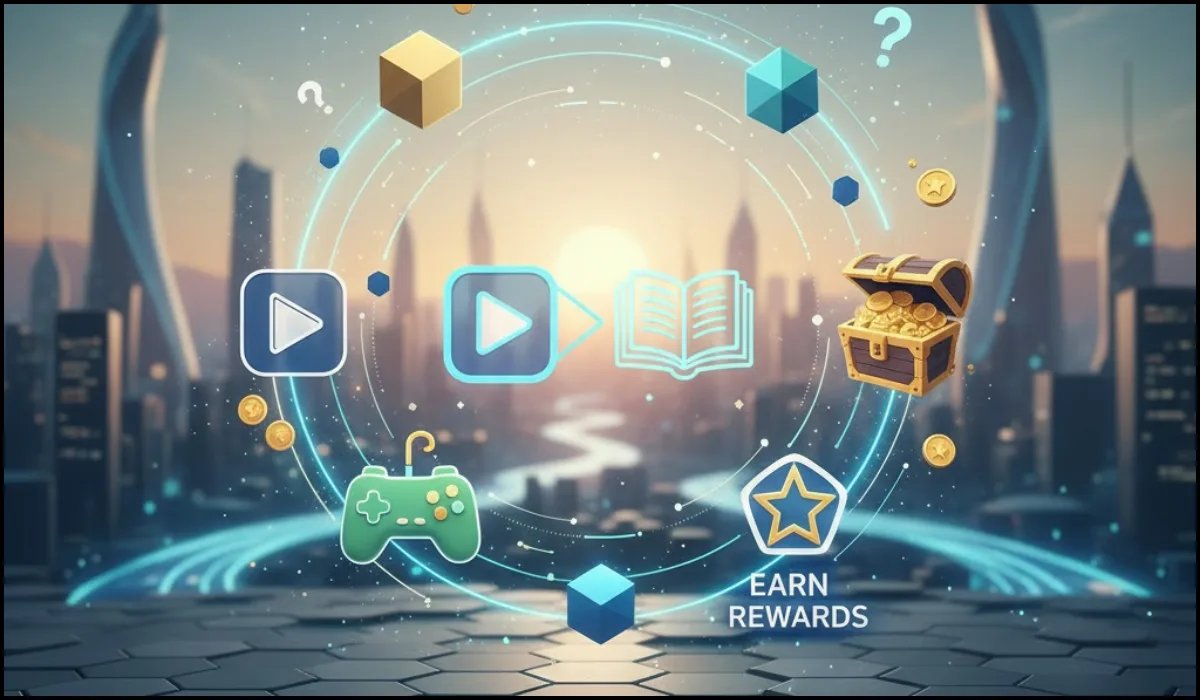 Futuristic cityscape with glowing rings connecting icons for quiz, play, learn, globe, and treasure chest, symbolizing Bing Rewards for daily quizzes.