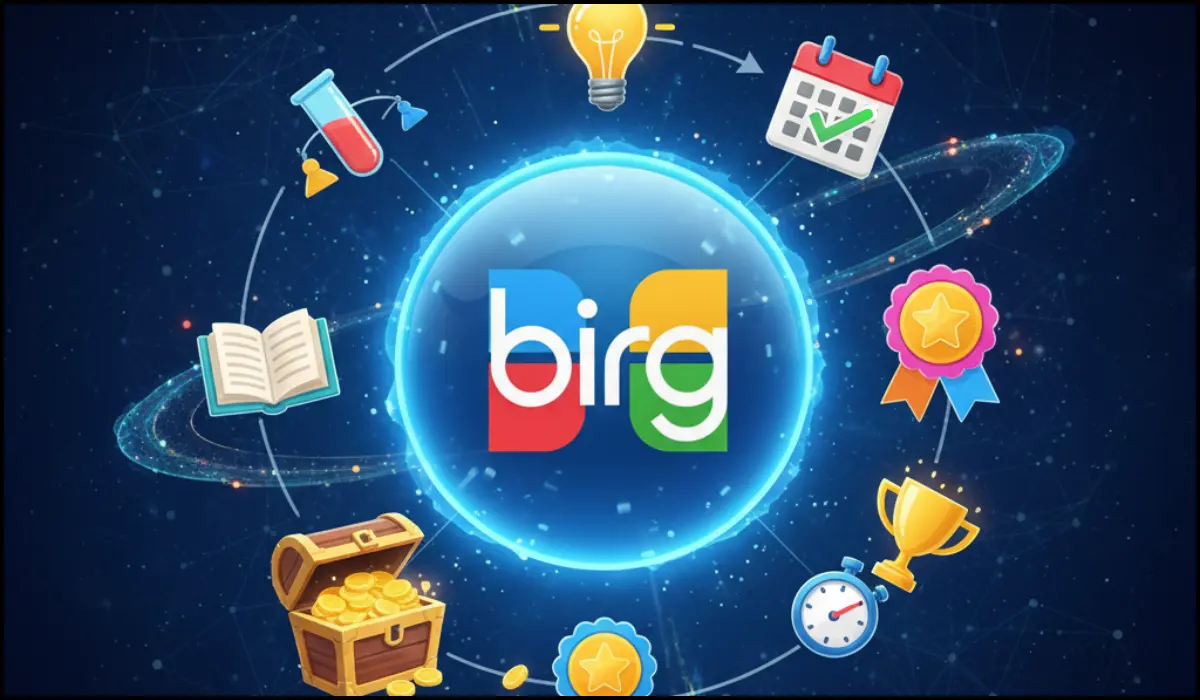 The Bing logo in a glowing blue sphere, surrounded by icons: a lightbulb, calendar, trophy, stopwatch, ribbon, treasure chest, book, and science beaker, on a cosmic background.