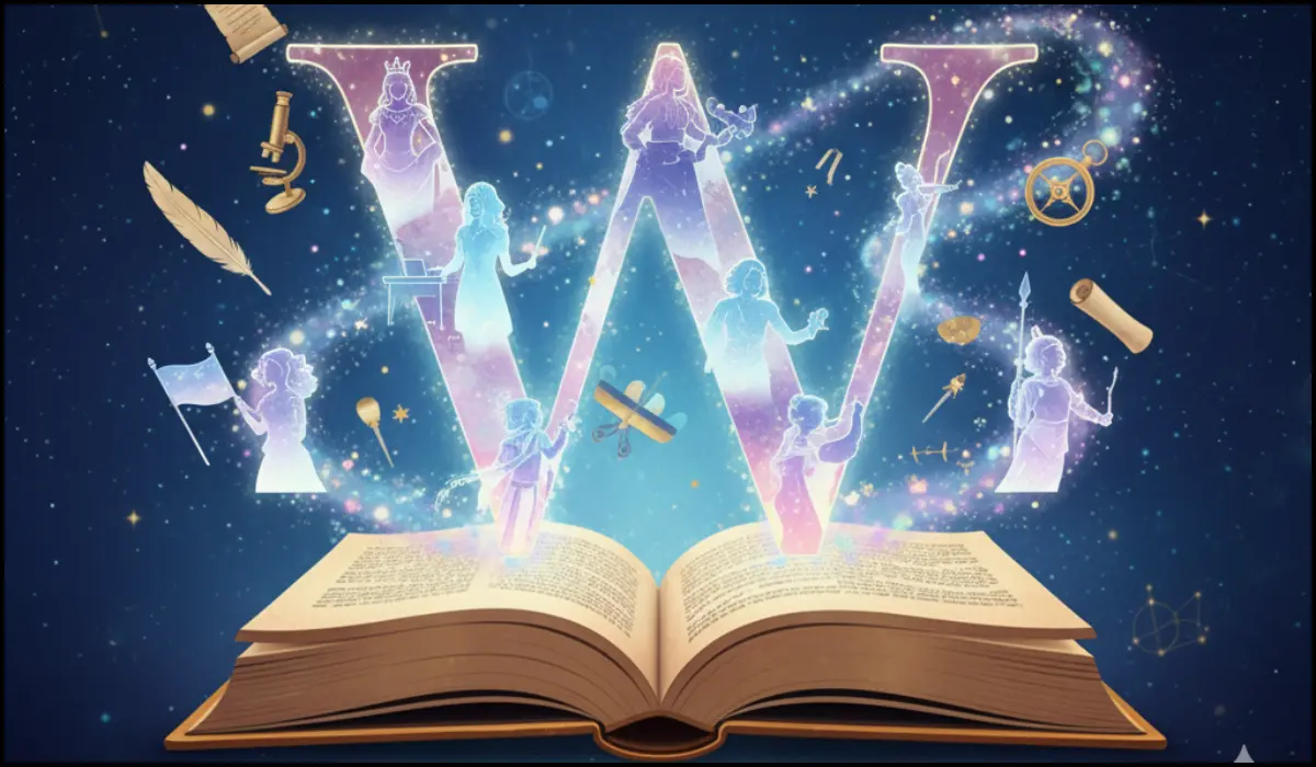 Quiz graphic features silhouettes of diverse historical women, books, and a glowing quiz on history's greatest stories.