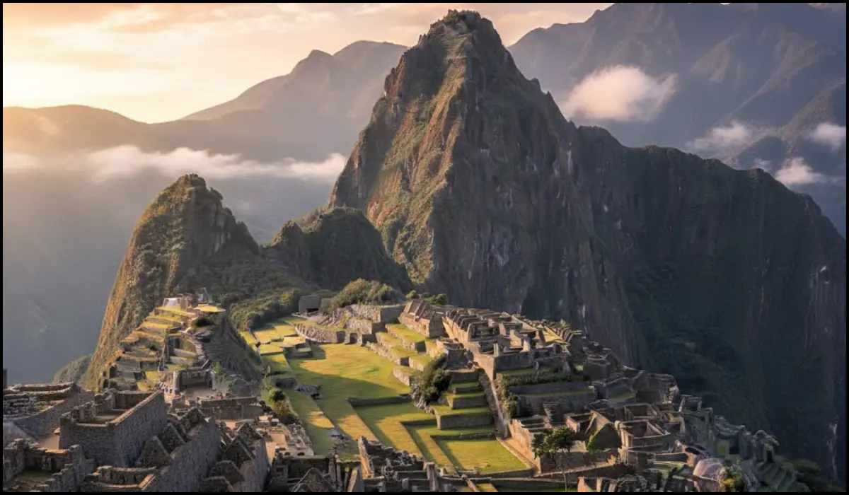 Sunset view of Machu Picchu Inca citadel nestled high in the Andes Mountains of Peru, with Huayna Picchu peak towering in the background.