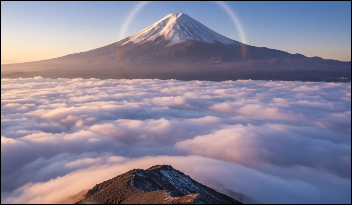 Snow-capped Mount Fuji at sunrise, visible above a sea of clouds. A rocky peak in the foreground features glowing question marks for a trivia quiz.