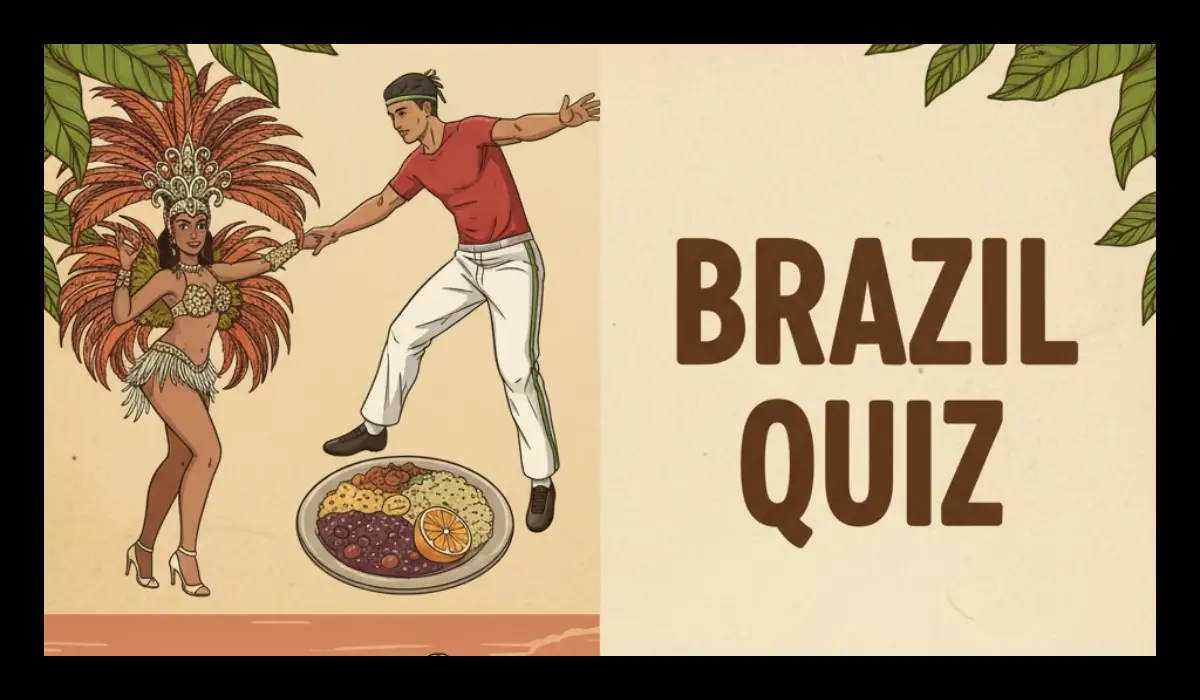 Illustrated collage of Brazilian culture: a samba dancer, a capoeira fighter, a plate of feijoada, football by Christ the Redeemer, and toucans with tropical leaves.