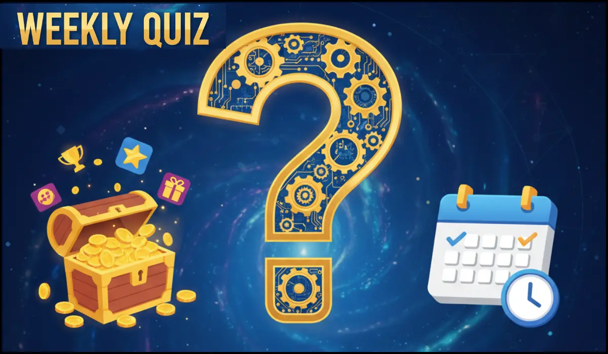 A glowing golden question mark with gears, a treasure chest overflowing with gold coins and rewards, and a calendar icon with a checkmark, all against a cosmic blue background.